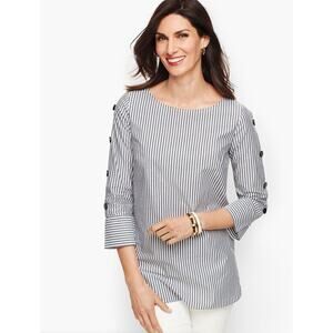 Talbots Womens L Gray White Stripe Button 3/4 Sleeve Lightweight Poplin Shirt